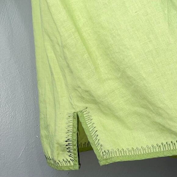 Chartreuse Linen Button Up Shirt Womens Size 14 Green Embroidered Beachy Chic - Picture 4 of 9